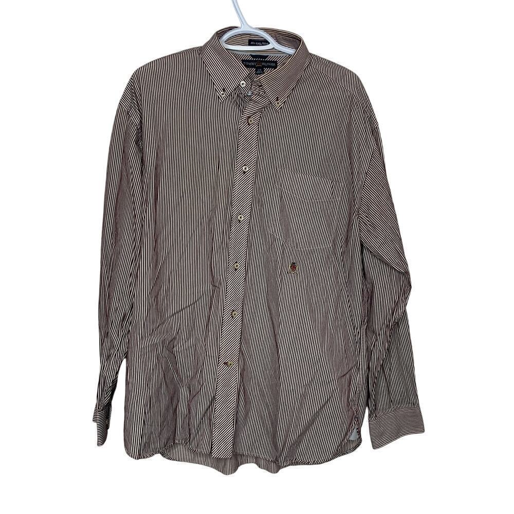 Tommy Hilfiger Men's Brown Striped 80's 2 ply Fabric Button Down Top